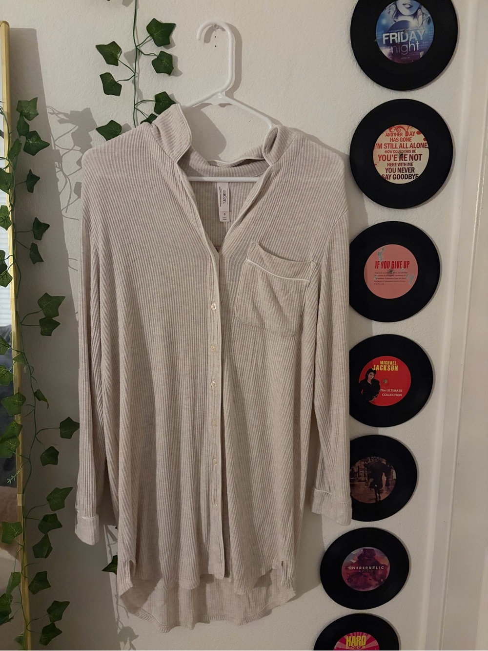 Auden Beige Ribbed Button-Down Tunic Shirt